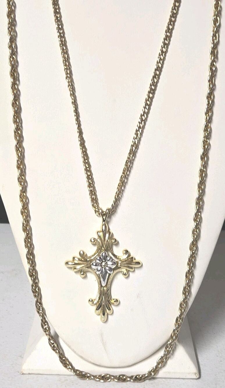 Vintage Gold Tone Cross Necklace Dual Chain 42 Inches